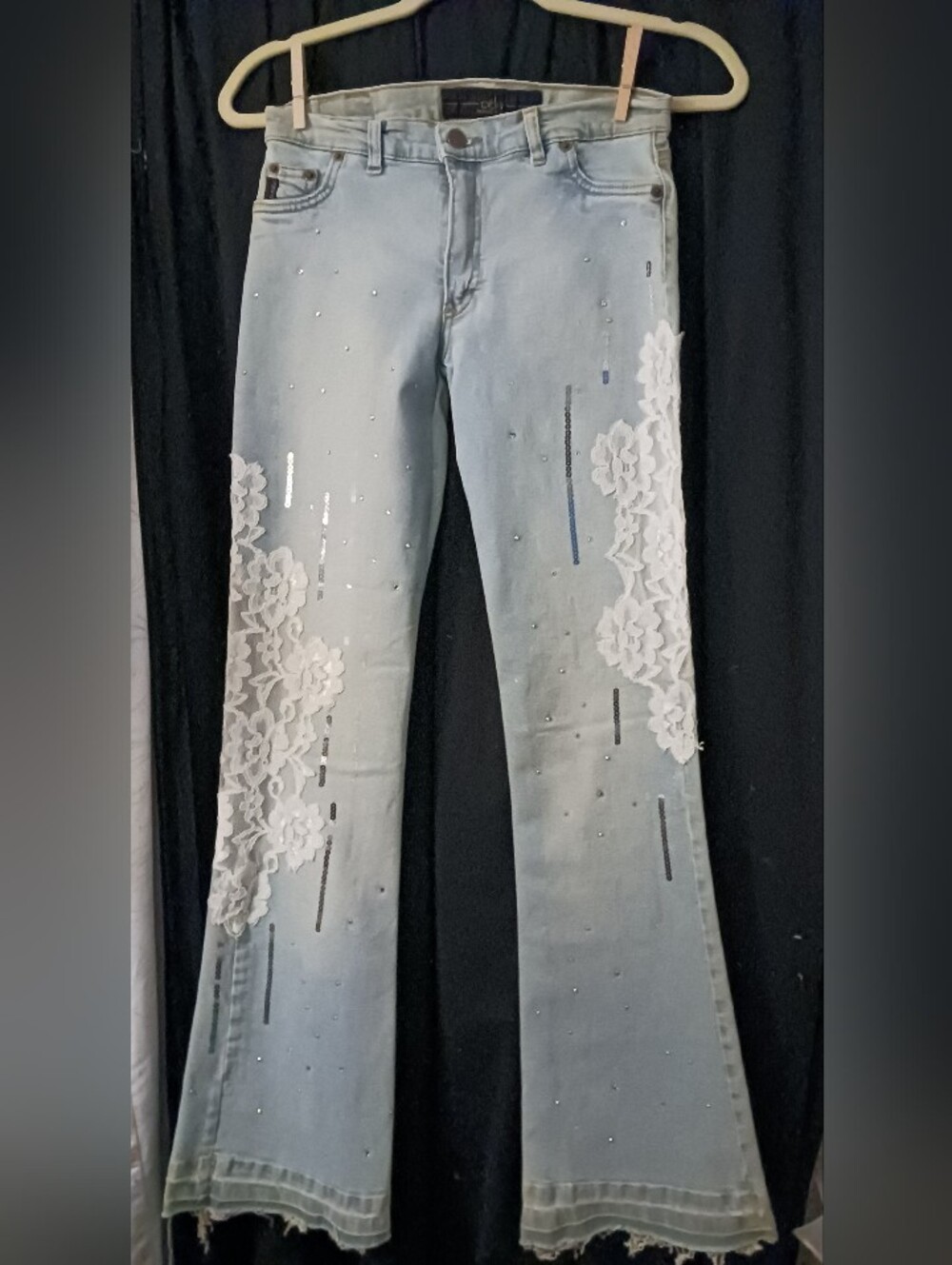 Light Wash Jeans with Lace & Sequin Embellishments